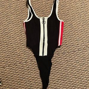 Black white red zipper body suit